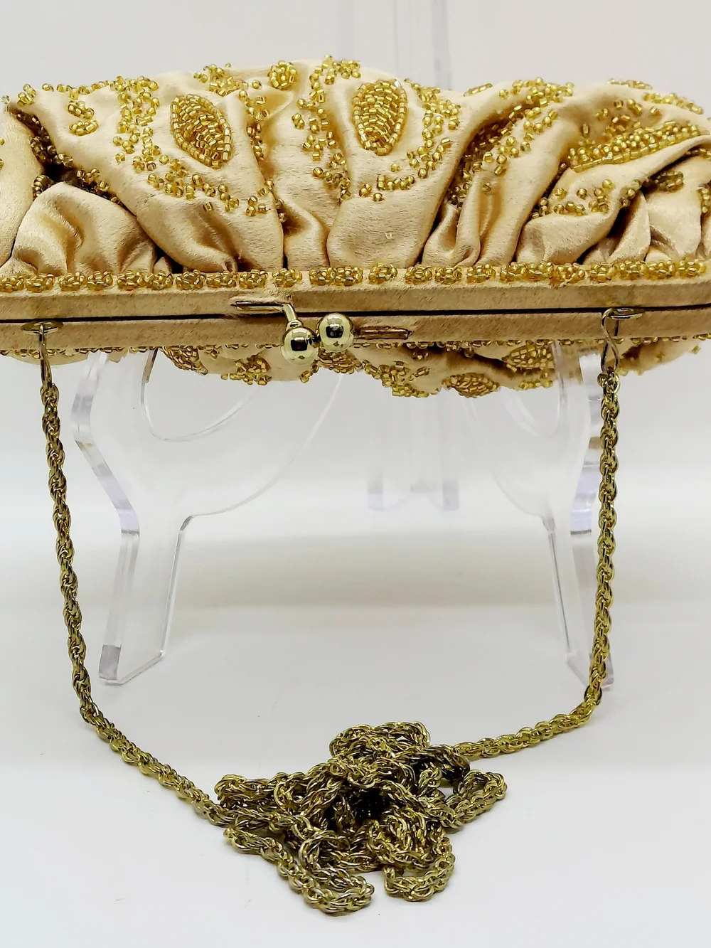 La Regale Matte Gold Satin Beaded Convertible Clutch Purse With Chain Strap